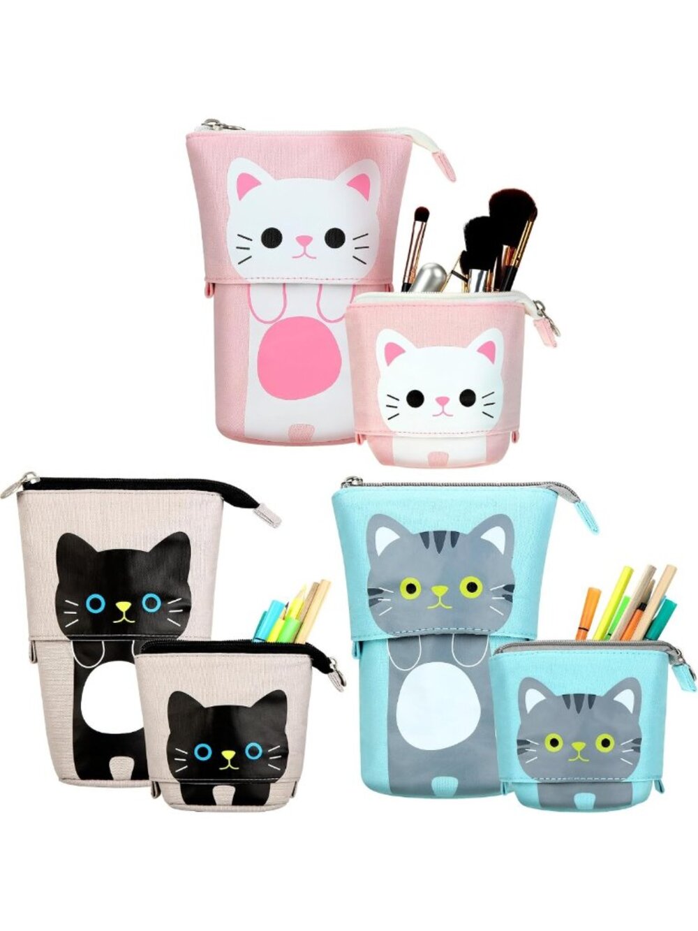 Stylish 3-Piece Cat Pencil Case Set - Gray, Black & White - Perfect for School